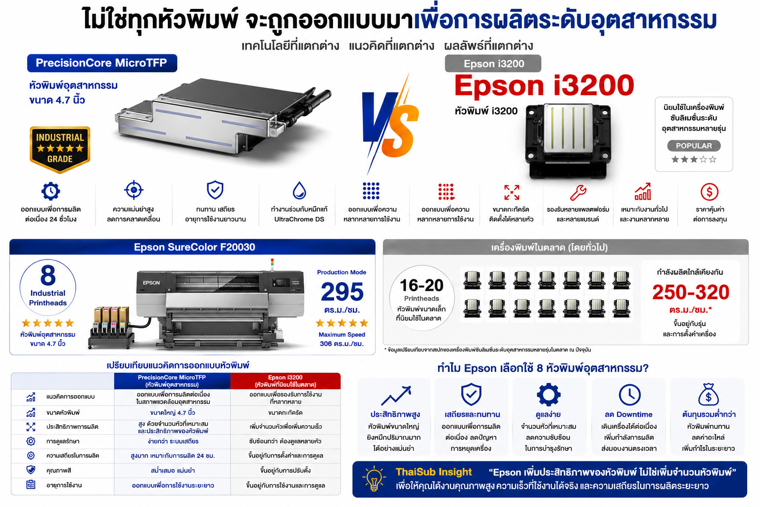 เปรียบเทียบหัวพิมพ์ PrecisionCore MicroTFP ของ Epson SureColor F20030 กับ Epson i3200 แสดงความแตกต่างด้านการออกแบบ ความทนทาน ความเร็ว และการใช้งานในระดับอุตสาหกรรม